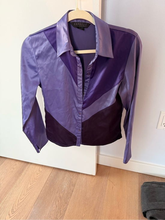 Express Tops - Express Y2K Purple Colorblock Satin Button-Down Shirt